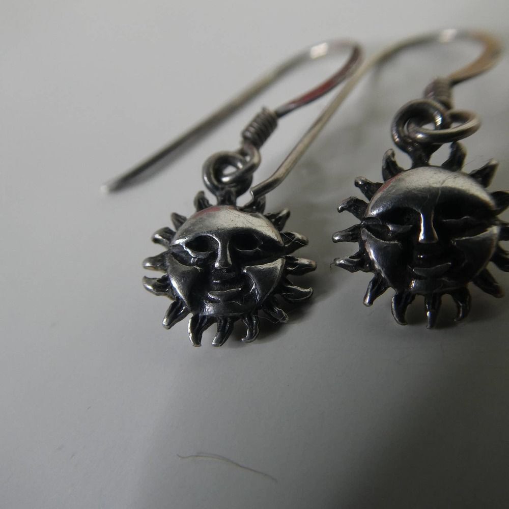 Sterling Silver Sun Face Dangle Fishhook Earrings… - image 2